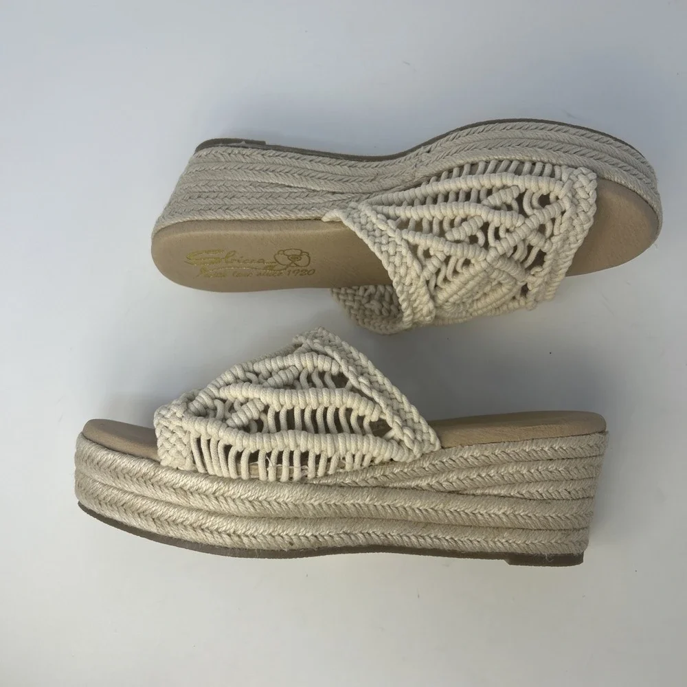 Sbicca Eureka‎ Macrame Wedge Sandals Beige Natural Boho Espadrille Slide Size 9